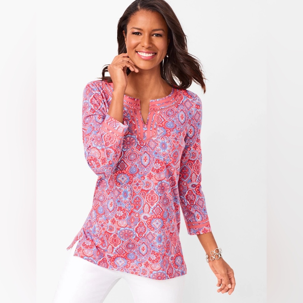Talbots Pima Cotton Blend Split Neck Tunic Top in Medallion Size Small Petite‎